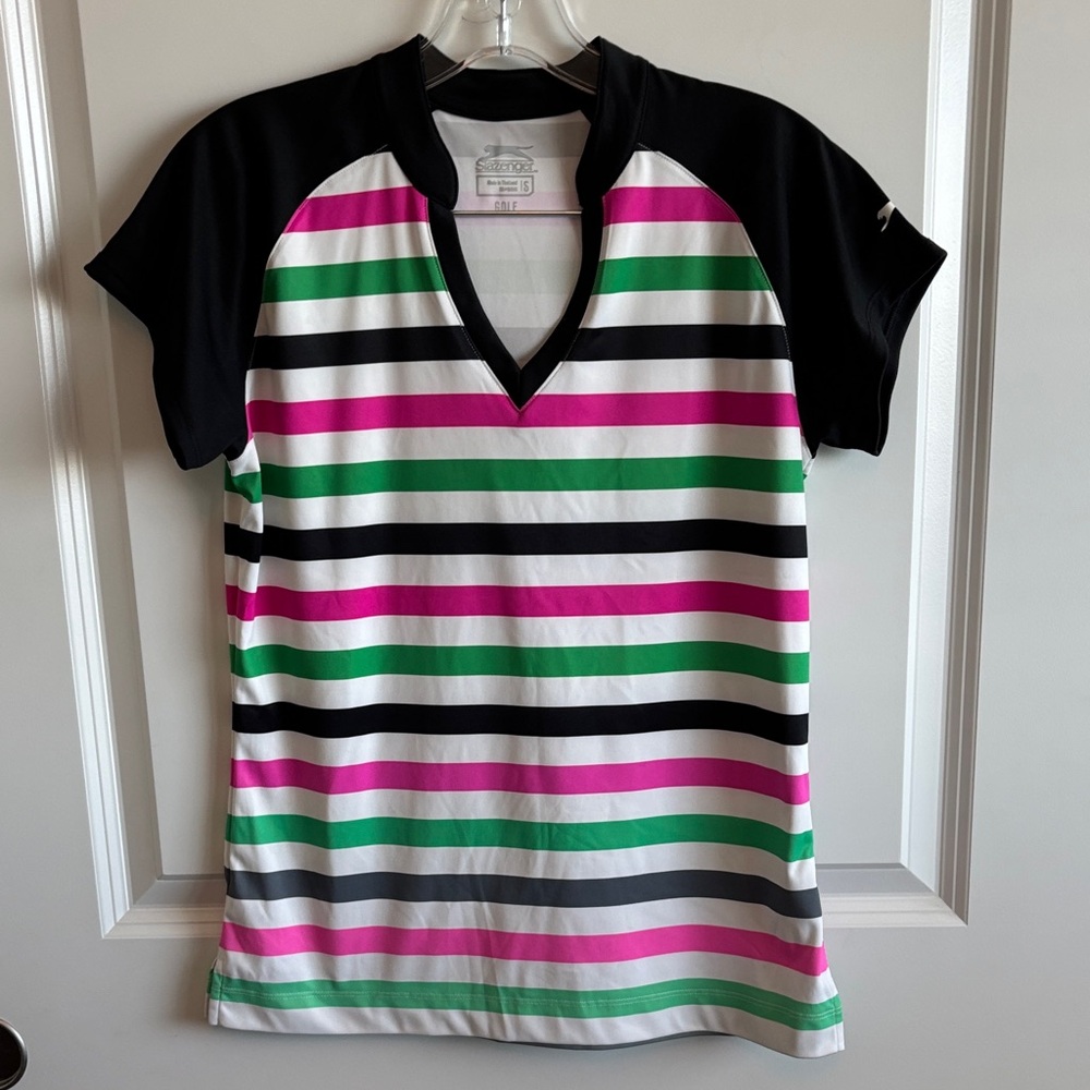 Slazenger Black, Pink, Green & White Striped V‑Neck Polo